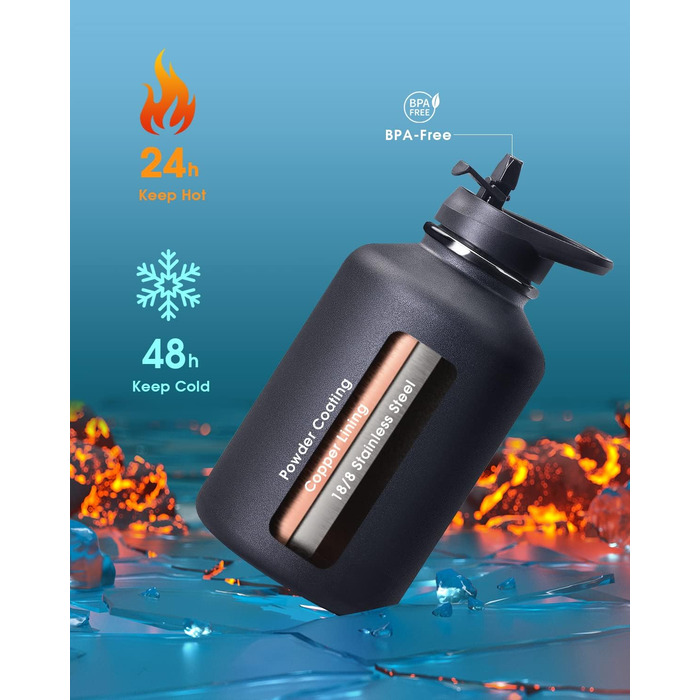 Пляшка для води Coolflask 2 л, нерж. сталь, шкіряний чохол, Polar Black