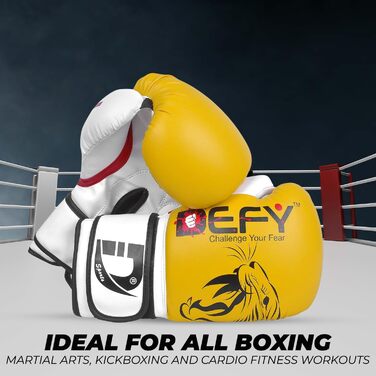 Боксерські рукавички DEFY Tiger 16oz для чоловіків та жінок, жовті, преміум-якість, для боксу, ММА, муай-тай, кікбоксингу, тренувань та спарингу