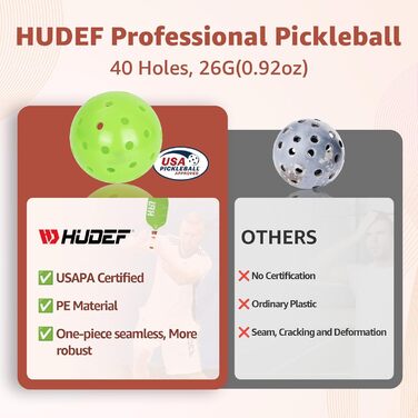 Професійна ракетка для піклболу HUDEF з композитного вуглеволокна та поліпропіленовим стільниковим ядром, сертифікована USAPA, зручна ручка, 4 м'ячі для гри на вулиці, сумка в комплекті
