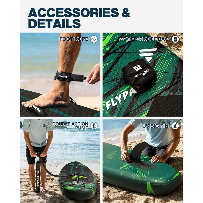 Надувна SUP-дошка Flypark 335x86x15 см, широка, для йоги, з рюкзаком 116 л, 15 D-кілець, ременем, 3 знімними плавниками, насосом