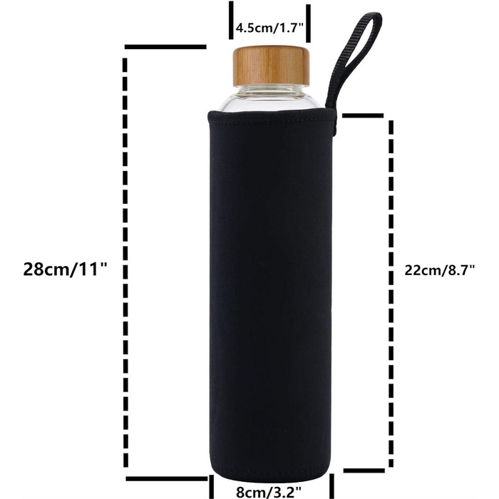 Пляшка для води Sunkey Скляна пляшка для води 1 літр із захисною кришкою Бамбукова кришка Маркери часу Скляна пляшка To Go 1000 мл (чорна)