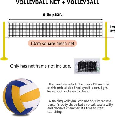 Волейбольна сітка BlesMaller і волейбольний набір розміру 5, сітка для відкритого/пляжного/садового/пляжного волейболу 9,5 м x 1 м спортивна змінна сітка для бадмінтону, тенісу