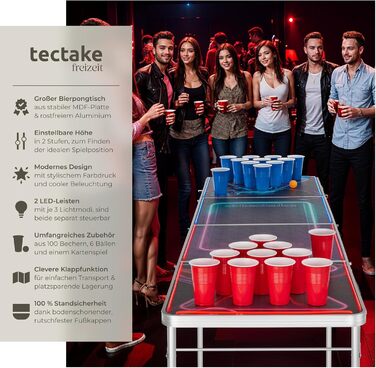 Стіл для пивного пінг-понгу tectake Beer Pong, складаний, регульований, з 100 склянками (50 червоних, 50 синіх) та 6 м'ячами, для вечірок і дорослих