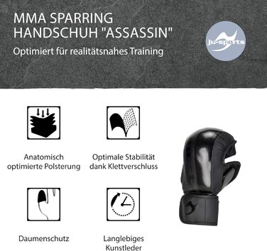 Рукавички для ММА Ju-Sports Assassin чорні, карбон, PU – захист для спарингів, з посиленим захистом великого пальця та кисті, універсальні для тренувань