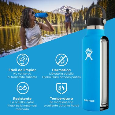 Термобутилка HYDRO FLASK 621 мл, вакуумна, нержавіюча сталь, спортивна пляшка з кришкою Flex Cap, стандартне горло, чорна, придатна для миття в посудомийній машині