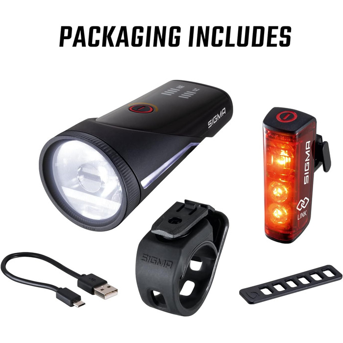 Комплект велофар SIGMA Aura 100/Blaze Link з силіконовим кріпленням, LED передня фара 100 Люкс, заднє світло з функцією стоп-сигналу, автоматичне регулювання яскравості