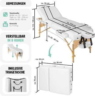 Масажний стіл Tectake 3 зони, масажний стіл складний, масажний стіл з підкладкою 7,5 см, регулювання висоти, мобільний масажний стіл, голова і підлокітник, масажна лава з дерев'яними ніжками, сумка для перенесення - чорна (Білий No 404374)
