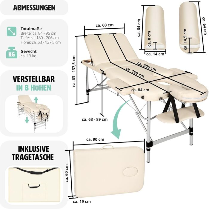 Масажний стіл Tectake, складний, регулюється по висоті, масажний стіл з 3 зонами, масажна лава, косметичний столик з аксесуарами сумка, повний і напіврулон, меблі для косметики, масажу, тату - бежево-бежевий No 404636