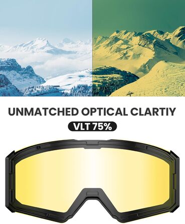 Гірськолижні окуляри OutdoorMaster Falcon від ZEISS/E-QuickHue Lens, окуляри для сноуборду OTG проти запотівання, магнітні змінні лінзи, снігові окуляри для чоловіків і жінок (лінзи поляризовані жовті Vlt 75)