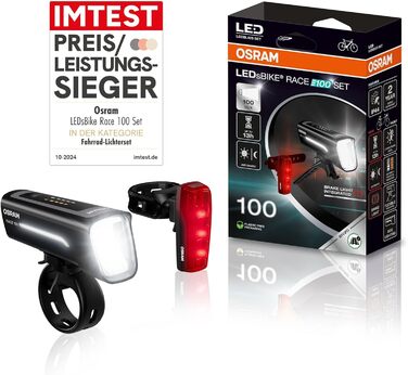 OSRAM LED ліхтарі для велосипеда Race 100, передній і задній, StVZO, з брейк-ліхтарем, акумуляторні, 100 люкс, три режими яскравості
