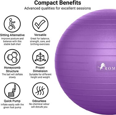 М'яч для вправ ROMIX, проти розриву з насосом (фіолетовий)