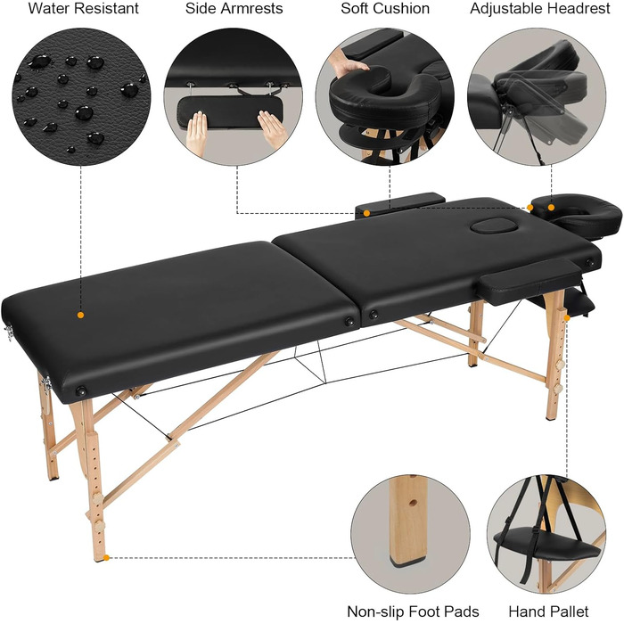 Мобільний масажний стіл 2 зони, масажний стіл складний регульований по висоті, переносна масажна лавка на дерев'яних ніжках, косметичний столик з підлокітниками підлокітник підлокітник сумка для перенесення, чорна