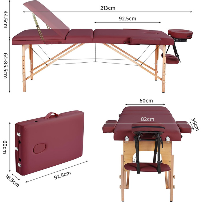 Зонний масажний стіл Yaheetech Портативна масажна лава Регульований по висоті масажний стіл з підголівником і знімними підлокітниками для фізіотерапії, бургундія, 3-
