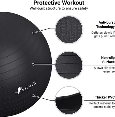 М'яч для вагітних ROMIX, Anti-Burst, з насосом, Дуже товстий, Чорний