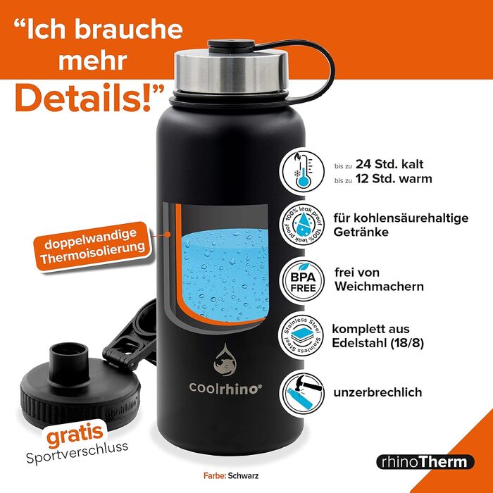 Пляшка для пиття coolrhino з нержавіючої сталі 500 мл / 1 л герметична, підходить для вуглекислого газу, без BPA - вакуумна колба для спорту, вулиці та дітей - термос пляшка з подвійними стінками, включаючи спортивну кришку - спортивна пляшка Pure Black 9