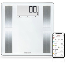 Шкала жиру в організмі Soehnle Shape Sense Connect 100 з Bluetooth, додаток Bathroom Scale plus, шкала аналізу жиру в організмі для BIA Premium Body Analysis, шкала жиру в організмі з додатком і великим РК-дисплеєм