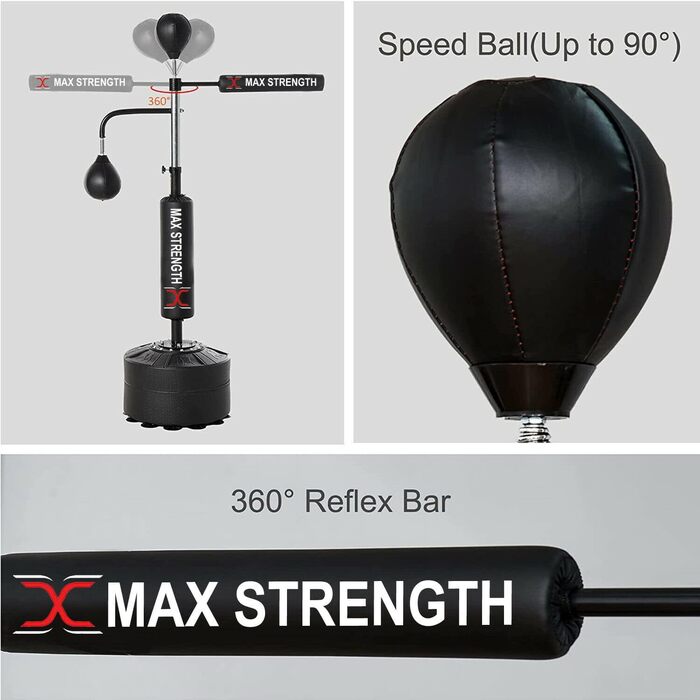 Окремо стояча боксерська груша MAXSTRENGTH Швидкісний м'яч Регульована по висоті Рефлекторна груша Cobra Швидкісні мішки Швидкісні мішки Вільно стоячий швидкісний і рефлекторний м'яч для тренувань, вправ (чорний подвійна функція)