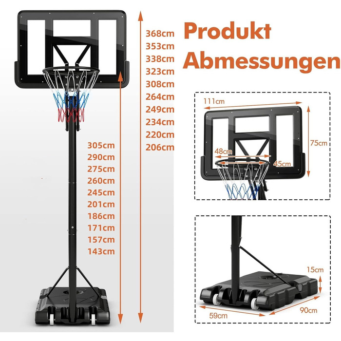 Баскетбольна стійка GYMAX 245-305 см регульована по висоті, переносне баскетбольне кільце з підставкою, мобільна баскетбольна система з колесами