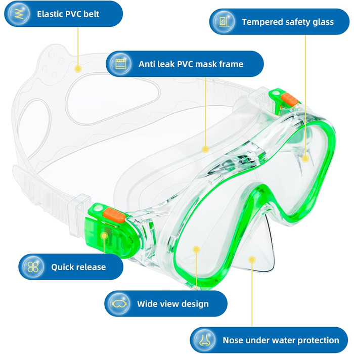 Набір трубок для дітей, Окуляри для дайвінгу та сухі трубки, Дитячі окуляри з легким диханням Суха трубка, Маска для дайвінгу Panoramic View Маска для підводного плавання Набір для дайвінгу (зелений)
