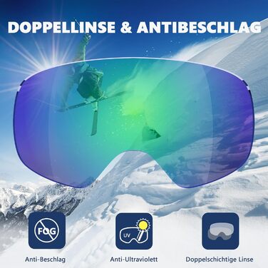 Гірськолижні окуляри GlaRid для чоловіків та жінок, OTG Ski Goggles Безкаркасні окуляри для сноуборду для тих, хто носить окуляри, Снігові насадки для дорослих Захист від запотівання 100 UV400 зелений