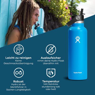 Термобутилка HYDRO FLASK 621 мл з трубочкою, вакуумна, нержавіюча сталь, герметична, для гарячих і холодних напоїв, BPA-free, Seagrass