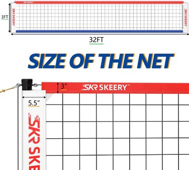 Міцний набір волейбольних сіток SKEERY, конструкція проти запотівання, регульовані алюмінієві планки, портативна волейбольна сітка для заднього двору, трави та пляжу червоний/синій