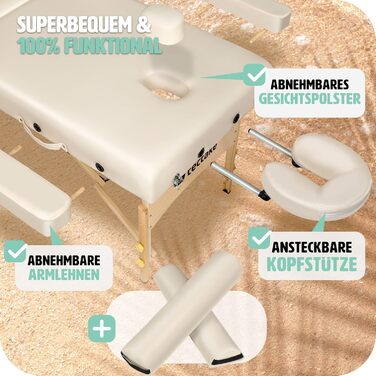 Масажний стіл Tectake 2 зони, масажний стіл складний, масажний стіл з підкладкою 7,5 см, мобільний масажний стіл, голова і підлокітник, масажна лава з дерев'яними ніжками, 2 ролика для зберігання, сумка для перенесення - бежева