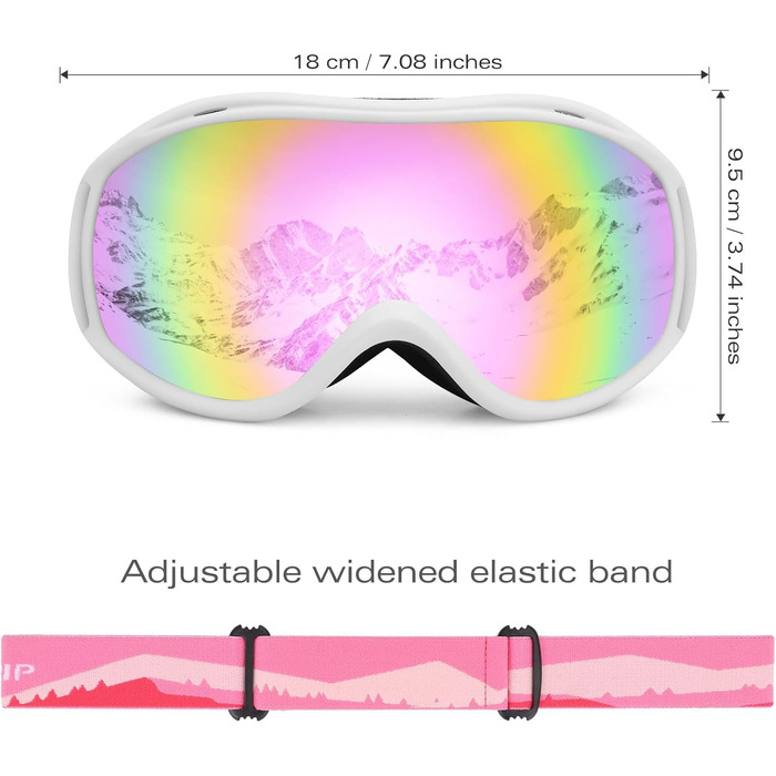 Гірськолижні окуляри Supertrip для чоловіків та жінок, Гірськолижні окуляри проти запотівання, захист від ультрафіолету, снігу, сноубордингу, окуляри для дорослих та підлітків (біла оправа/рожеві лінзи (VLT 30))