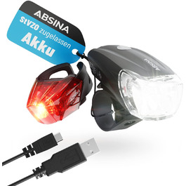 Набір велосипедних LED ліхтарів ABSINA, USB-зарядка, 100м, 180 люмен, 50 люкс, передній і задній, StVZO, водонепроникний