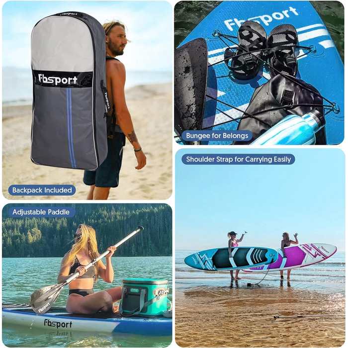 Преміальна надувна SUP-дошка FBSPORT для йоги та серфінгу з аксесуарами: широка стійка, антиковзке покриття, весло, насос і сумка, для підлітків і дорослих