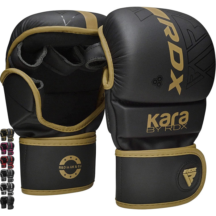 Рукавички RDX MMA для тренувань з єдиноборств, спарингові рукавички Maya Hide Leather KARA, боксерські рукавички для муай тай, кікбоксингу, фріфайту, боксерська груша рукавички (ПОВЕРТАЮТЬСЯ) Golden S/M