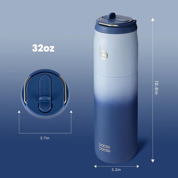 Термобутилка BOTTLE BOTTLE 946 мл з нержавіючої сталі, ізоляція, трубочка, ручка, синя, для спорту, подорожей, BPA-free, подвійні стінки, не протікає