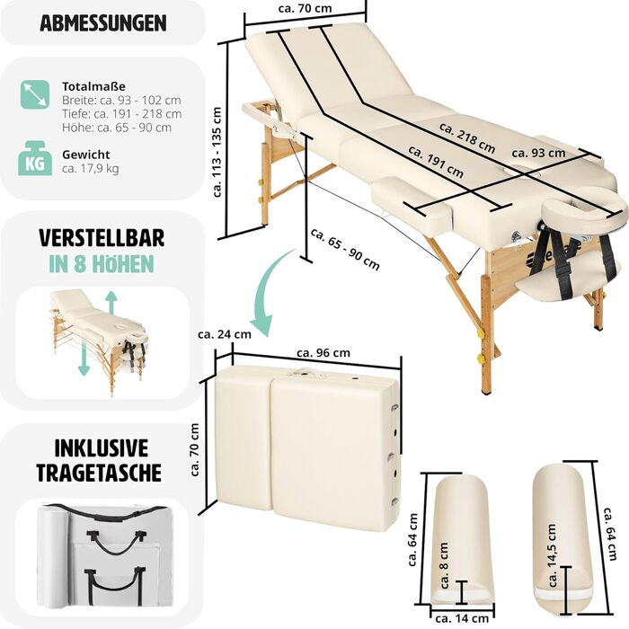 Мобільний масажний стіл tectake з 3 зонами, складний, з оббивкою 7,5 см, з навантаженням до 250 кг, масажна лава з сумкою для аксесуарів, повний і половинний рулон, мобільні меблі для масажу - (Бежевий)