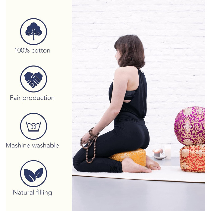 Подушка для медитації Yoga Shop Подушка для йоги Парча 15см - Подушка для сидіння для йоги з чохлом, який можна прати - Подушка для підлоги Yoga Cushion з органічним наповнювачем з гречаного лушпиння (помаранчевий)