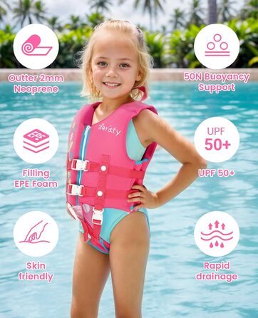 Куртка для плавання Zeraty Kids Life Jacket для малюків з регульованими ременями безпеки Вік 1-9 років / 22-50 фунтів (Pink Flower, M (рекомендований вік 3-6 років))