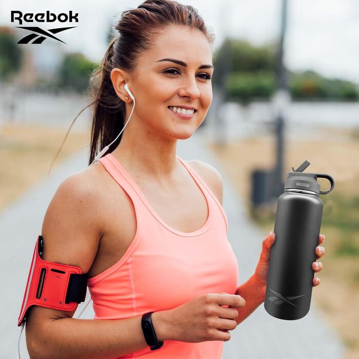 Reebok пляшка для води з нержавіючої сталі зі соломинкою, спортивний дизайн, ізольована, 900 мл, подвійні стінки, вакуумна, BPA-free, чорна