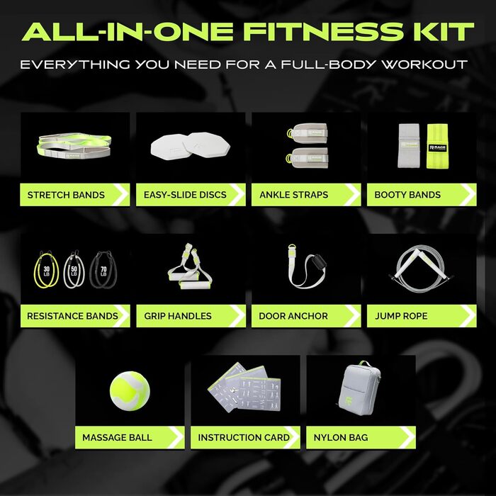 Rage Fitness Ex Kit 9-в-1: фітнес-набір у сумці з еспандерами, ручками, дверним анкером для тренувань вдома, в офісі та в подорожах, для йоги, фітнесу та вправ