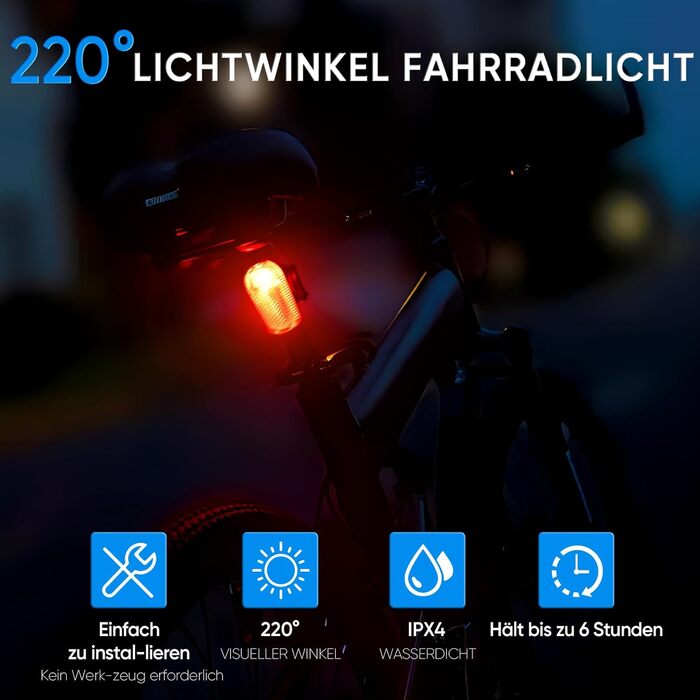 LED набір велосипедних фар 100 LUX, StVZO, USB заряджання, водонепроникний IPX4, передня та задня фара з індикатором заряду