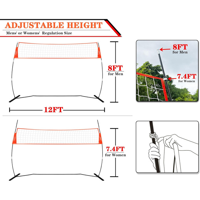 Портативна волейбольна тренувальна сітка 12 футів для ударів або подачі вправ, вільна сітка для тренувань з волейболу на відкритому та внутрішньому повітрі з регулюванням висоти, світіння в темному волейболі та волейбольна тренувальна сітка для перенесенн