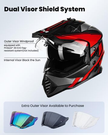 Мотошолом IL Dual Sport Adventure WS902 з сонцезахисним візором, Pinlock, ECE, для кросу, ATV, червоно-чорний, розмір S