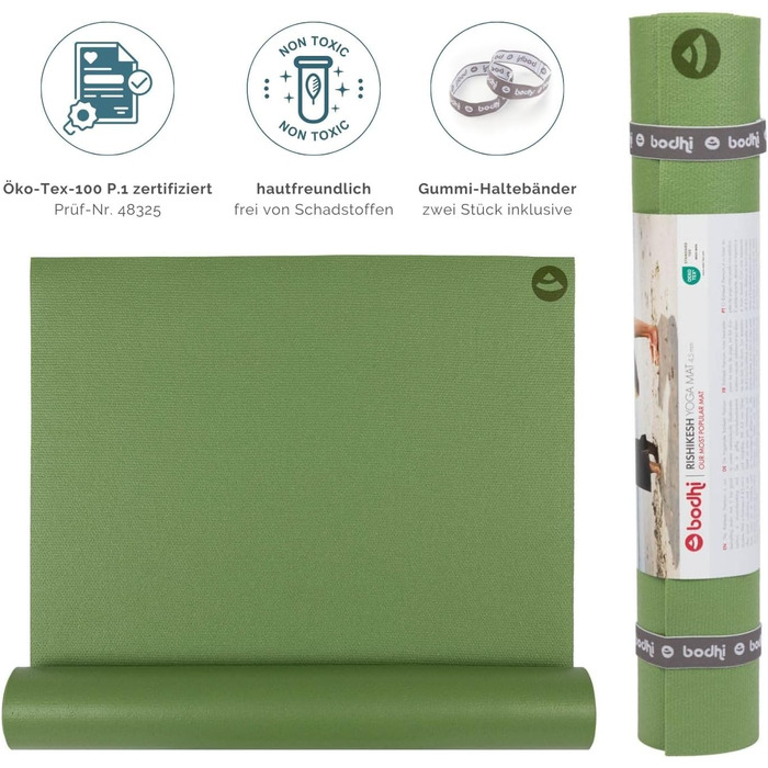 Йога-мат Bodhi Rishikesh Premium 60, антиковзкий, екологічний, для йоги та пілатесу, OEKO-TEX, вироблено в Німеччині, яблучно-зелений