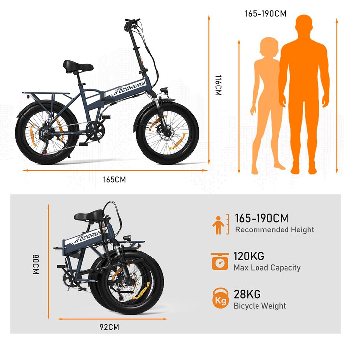 Електровелосипед ECORUSH E-Bike, 48V12A, 250Вт, шина 20", 7 швидк., 90 км