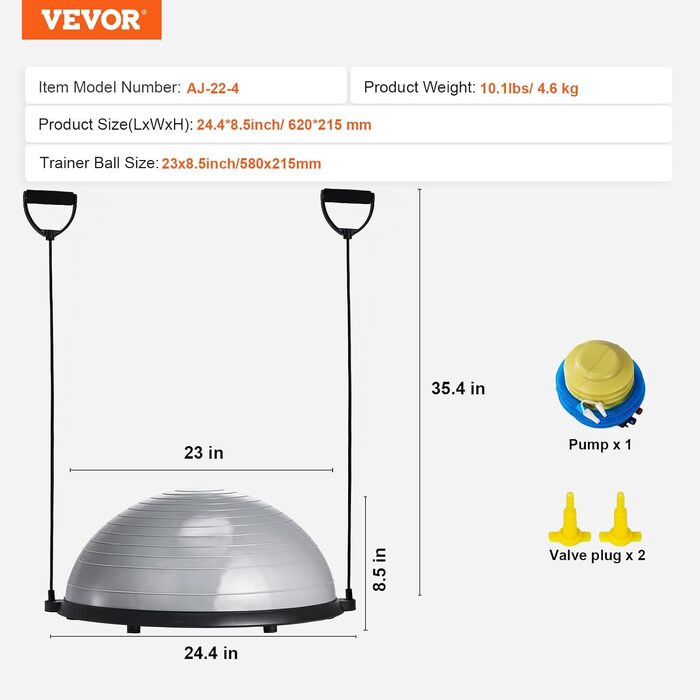 Тренажер з м'ячем VEVOR, балансувальний м'яч 584 мм з аксесуарами, сірий