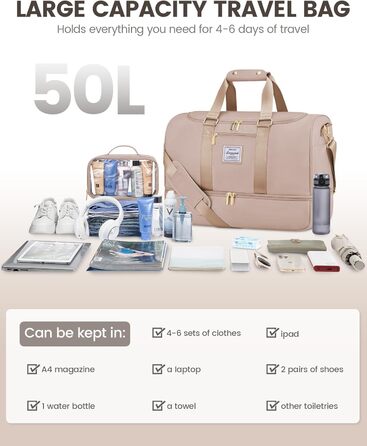 Велика спортивна дорожня сумка LOVEVOOK 50 л з косметичкою, відділенням для взуття та вологих речей, водонепроникна сумка для пляжу, басейну, сауни, ручна поклажа для подорожей, пісочного кольору