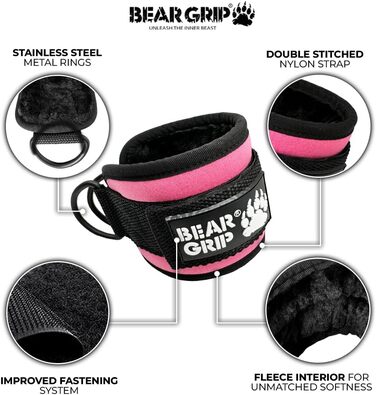 Ремінь для щиколотки BEAR GRIP (пара) - міцна застібка, подвійне D-кільце з нержавіючої сталі, регульований неопрен - манжети на щиколотці преміум-класу для покращення тренувань живота, сідниць та ніг - для жінок та чоловіків (Baby Pink, односпальне ліжко