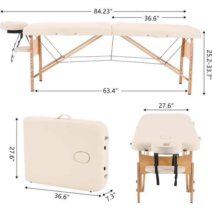 Масажний стіл YOUNIKE 2-зонний розкладний портативний масажний стіл з регульованим по висоті масажним столом з підголівником з дерев'яними ніжками та аксесуарами Сумка для перенесення Мобільне масажне ліжко крем бежевий