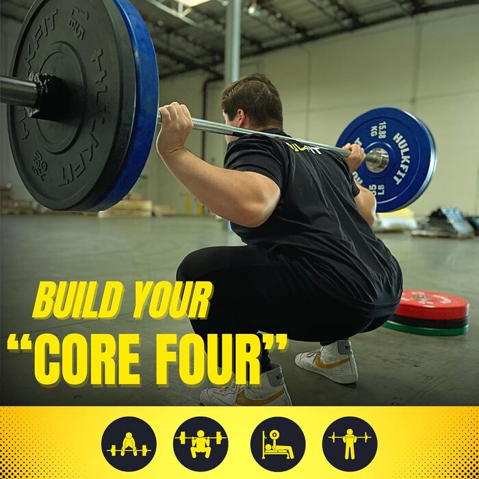 HulkFit кольоровий олімпійський диск із гуми 5,1 см зі сталевою втулкою для силових тренувань, важкої атлетики та кросфіту, одиничний, пара або комплект