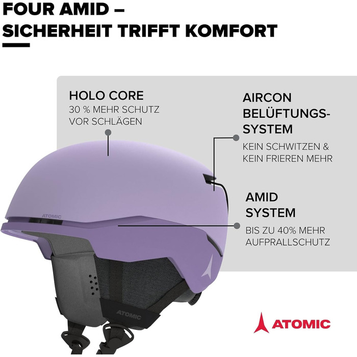 Гірськолижний шолом ATOMIC Four AMID - Лаванда - Розмір XS - Шолом для максимальної безпеки - Гірськолижні шоломи зі зручною системою 360 Fit - Шолом для сноуборду з вентиляційною системою - Обхват голови 48-52 см