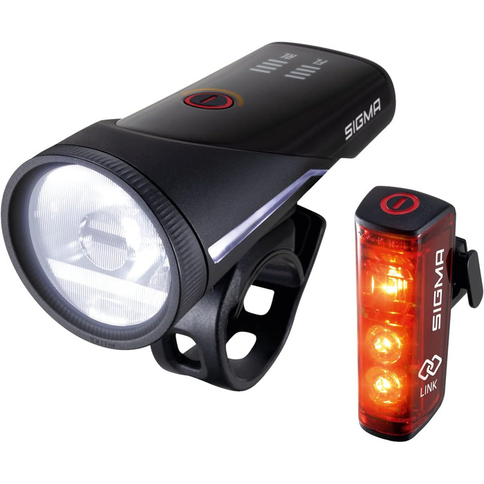 Комплект велофар SIGMA Aura 100/Blaze Link з силіконовим кріпленням, LED передня фара 100 Люкс, заднє світло з функцією стоп-сигналу, автоматичне регулювання яскравості
