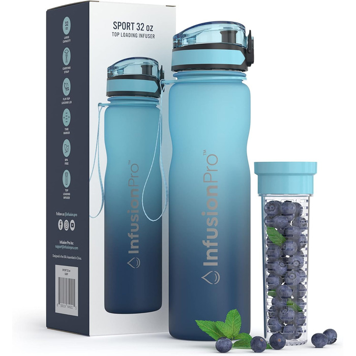 Пляшка для води Infusion Pro з інфузером, 680 мл, з герметичного тритану, з подвійним дном, складаним носиком, неопреновим чохлом і ситечком, сіра